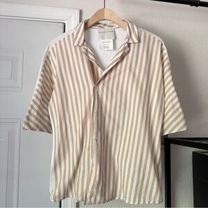 STEPHAN SCHNEIDER tan orange white striped cotton mixed media shirt